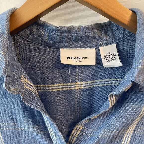 100% Linen Classic Blouse Blue Button Down Shirt Parisian Works Medium Petite - Picture 2 of 8